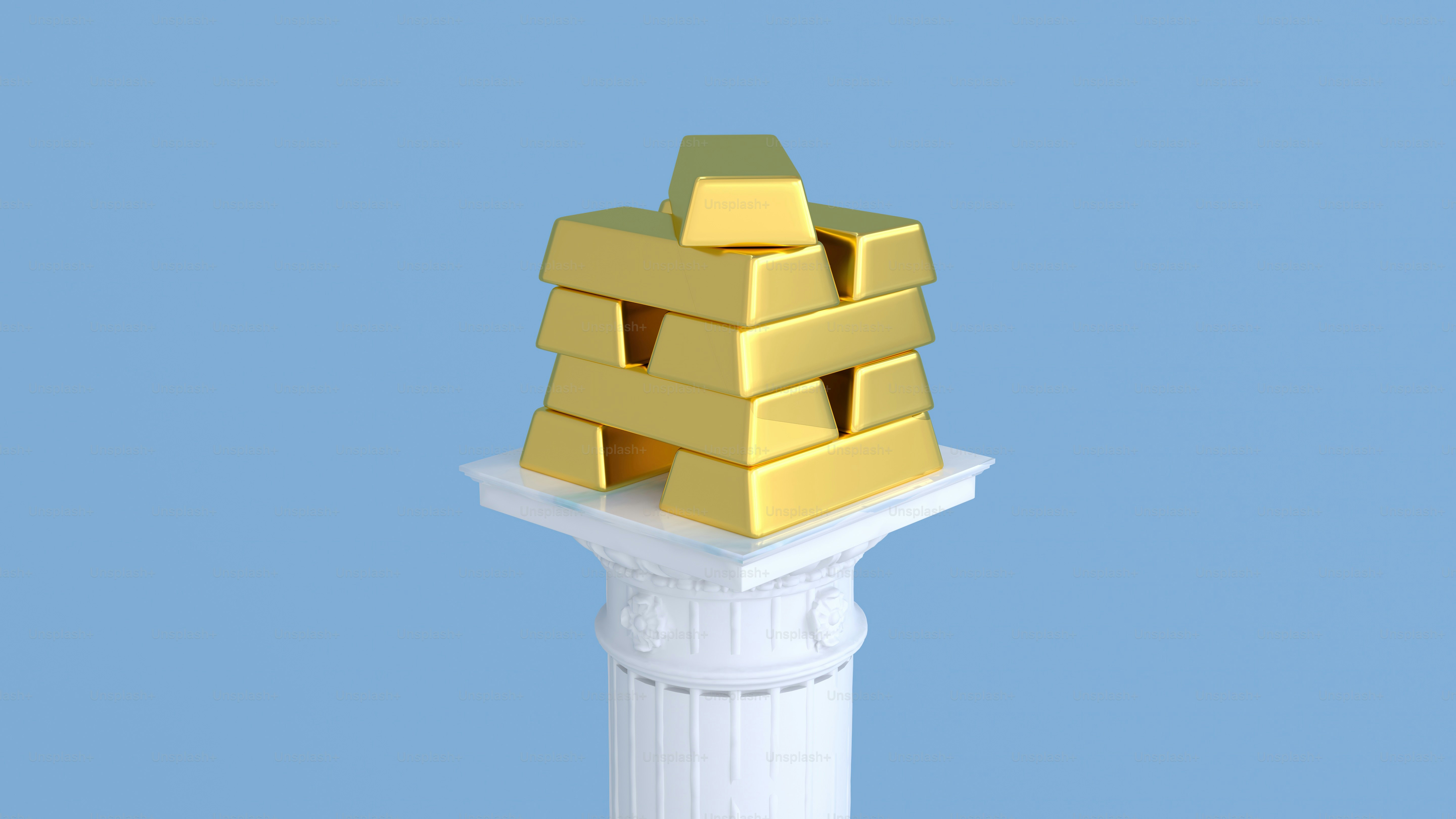 a stack of gold bars sitting on top of a white pillar